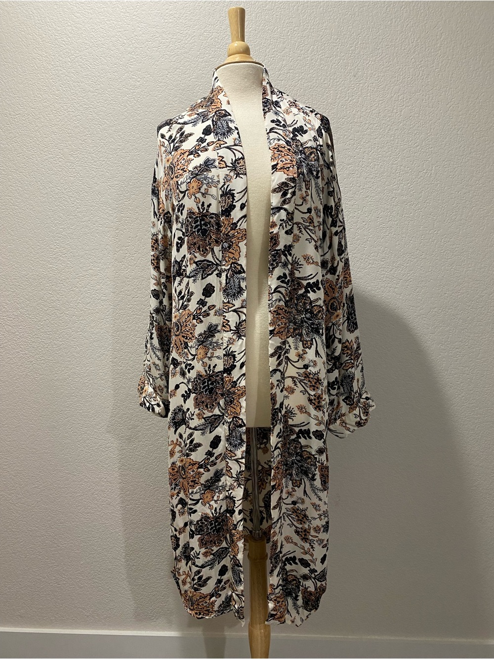 Free People Play It Cool Floral Open Duster Kimono in Cream, Black & Tan - Picture 2 of 11